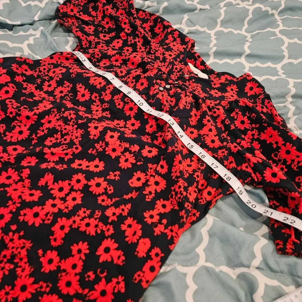 LOFT Navy Red Floral Puff Sleeve Blouse Women’s Small Peasant Boho Top